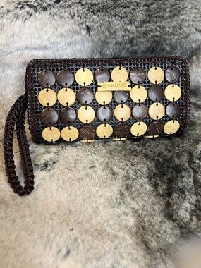 Brown & Natural Disc Wristlet Clutch